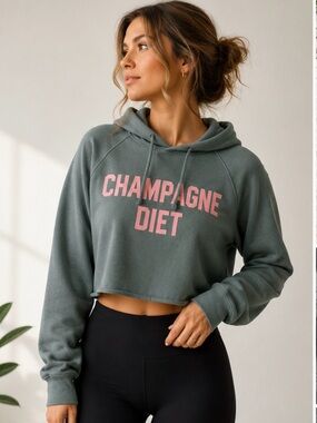 Champagne Diet Cropped Hoodie Sage Green Pink Graphic Size Small